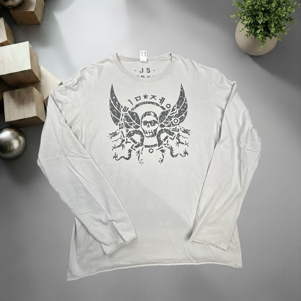 JS X-TREME 0107 Vintage Y2K Skull Wing Graphic Long Sleeve Shirt Tan Size 3